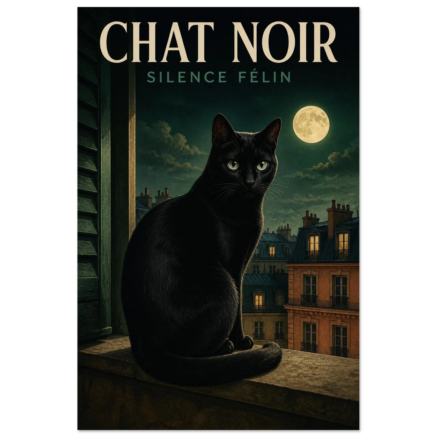 Affiche Chat Noir – Silence Félin, illustration graphique verticale, format 60 × 90 cm