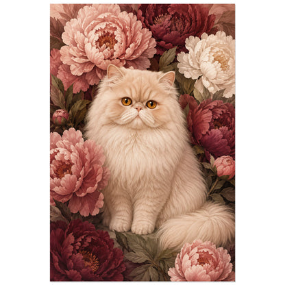Affiche Chat Persan – Pivoines crème, portrait animalier / illustration botanique verticale, format 60 × 90 cm