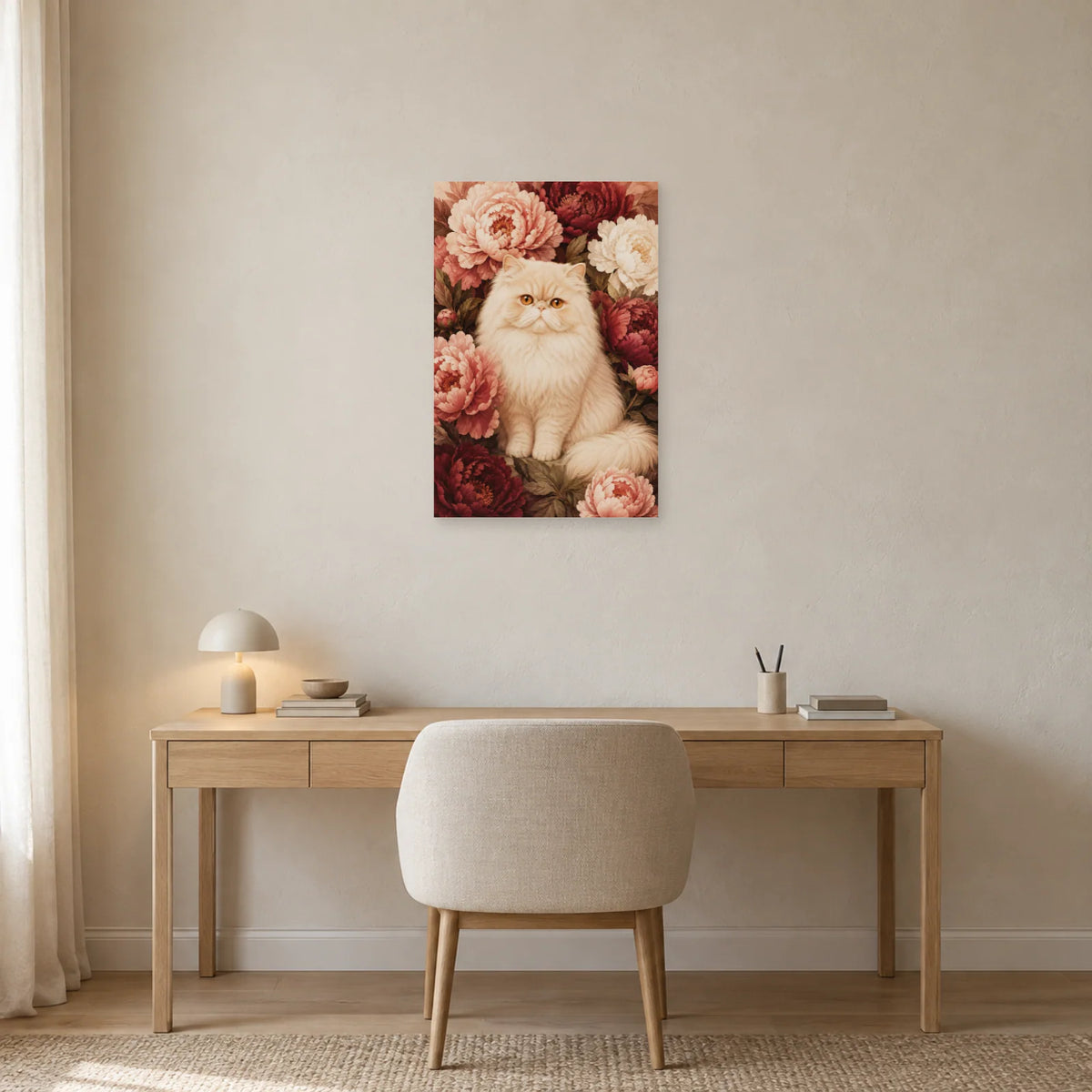 Affiche Chat Persan – Pivoines crème dans un bureau - Art Virtuoso
