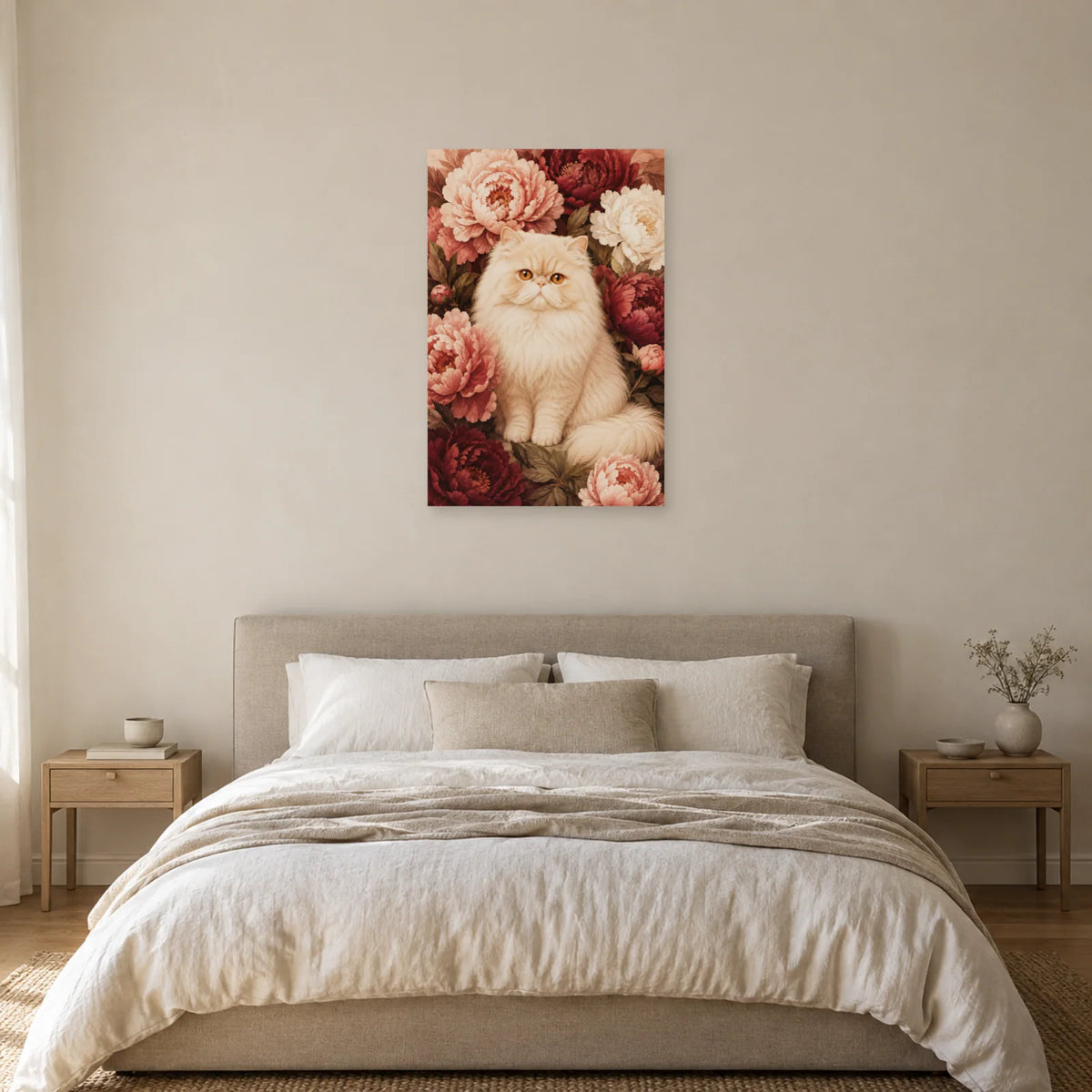 Affiche Chat Persan – Pivoines crème dans une chambre - Art Virtuoso