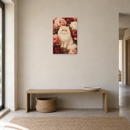 Affiche Chat Persan – Pivoines crème dans une entrée ou un couloir - Art Virtuoso