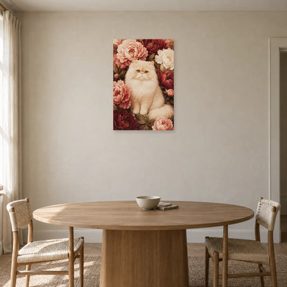 Affiche Chat Persan – Pivoines crème dans une salle à manger - Art Virtuoso