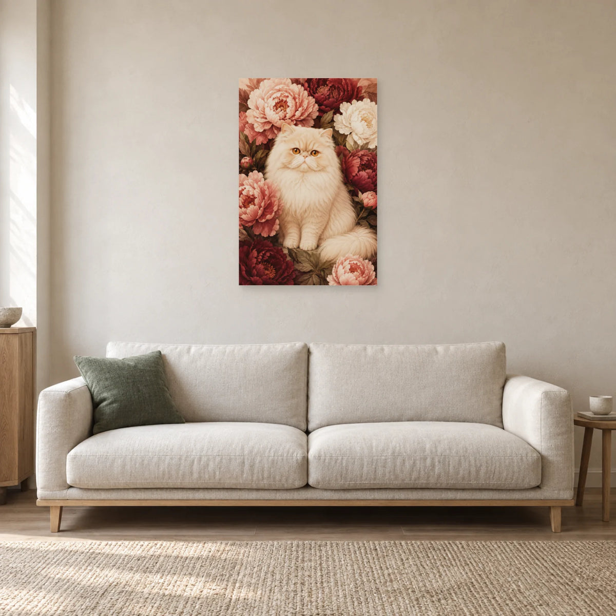 Affiche Chat Persan – Pivoines crème dans un salon - Art Virtuoso