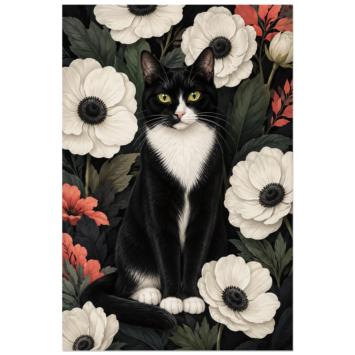 Affiche Chat tuxedo – Anémones blanches, illustration botanique / portrait animalier verticale, format 30 × 45 cm