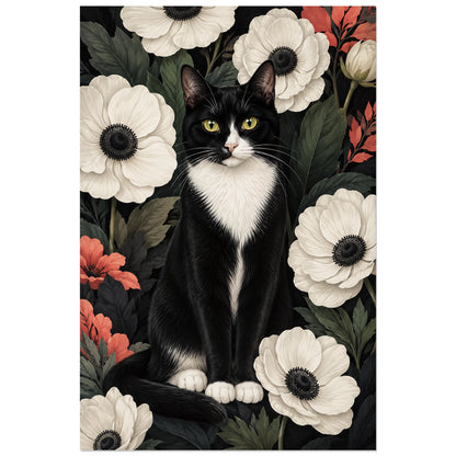 Affiche Chat tuxedo – Anémones blanches, illustration botanique / portrait animalier verticale, format 30 × 45 cm