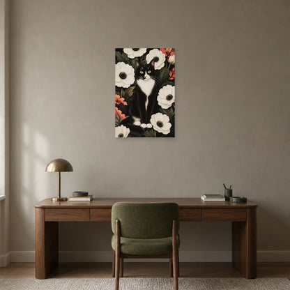 Affiche Chat tuxedo – Anémones blanches dans un bureau - Art Virtuoso