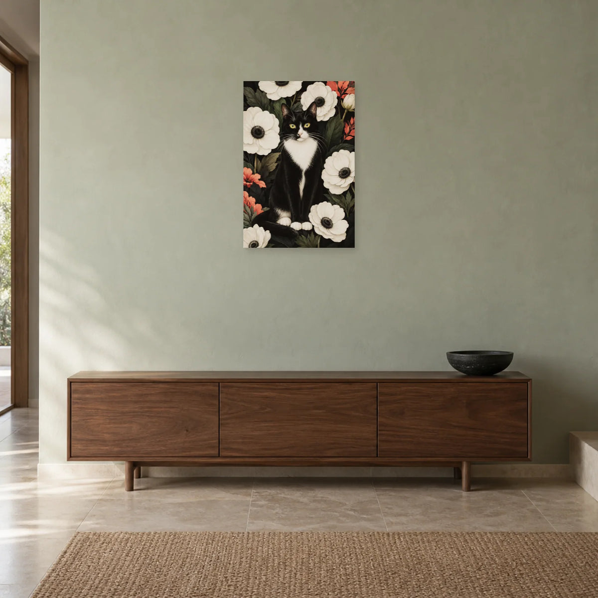 Affiche Chat tuxedo – Anémones blanches dans une entrée ou un couloir - Art Virtuoso
