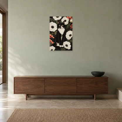 Affiche Chat tuxedo – Anémones blanches dans une entrée ou un couloir - Art Virtuoso