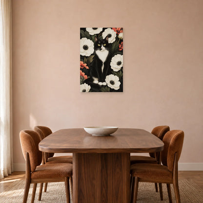 Affiche Chat tuxedo – Anémones blanches dans une salle à manger - Art Virtuoso