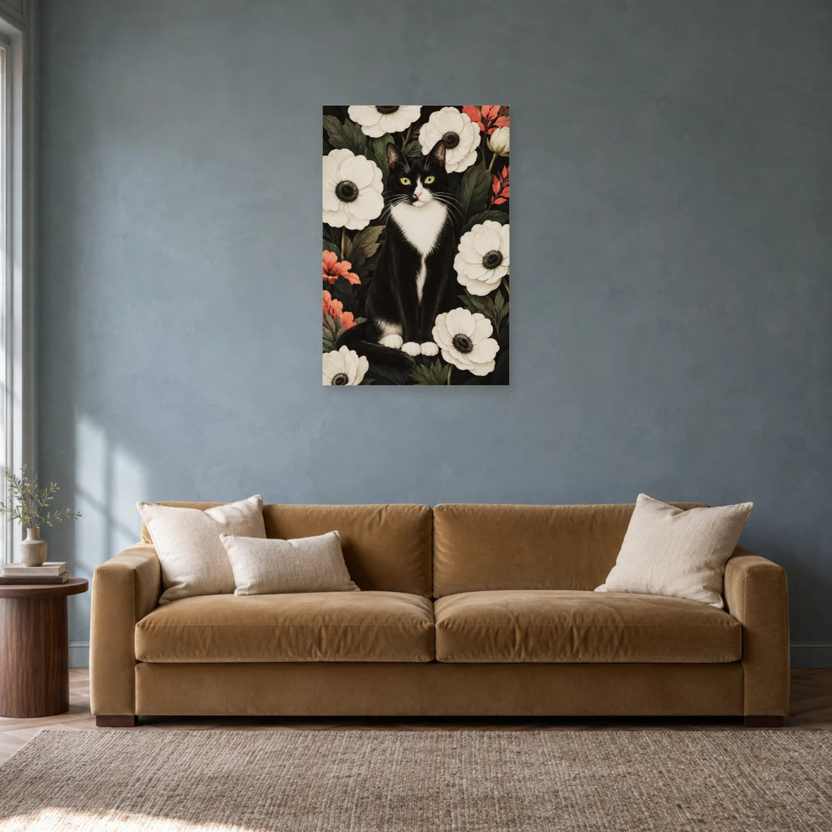 Affiche Chat tuxedo – Anémones blanches dans un salon - Art Virtuoso