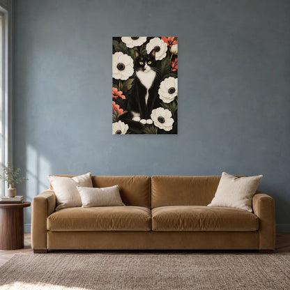 Affiche Chat tuxedo – Anémones blanches dans un salon - Art Virtuoso