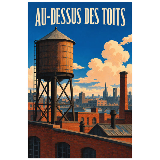 Château d'eau et toits de brique illustrés, affiche 30 × 45 cm