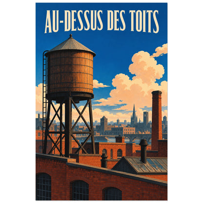 Réservoir surélevé et nuages pêche sur ciel bleu, affiche 40 × 60 cm