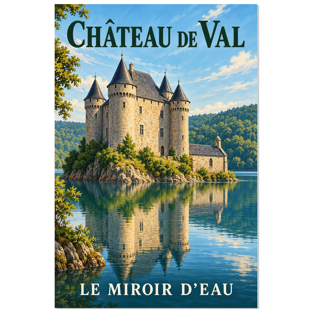 Affiche Château de Val - Le miroir d’eau, illustration de voyage / rendu gouache / inspiration vintage verticale, format 30 × 45 cm