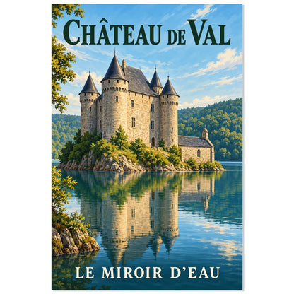 Affiche Château de Val - Le miroir d’eau, illustration de voyage / rendu gouache / inspiration vintage verticale, format 30 × 45 cm