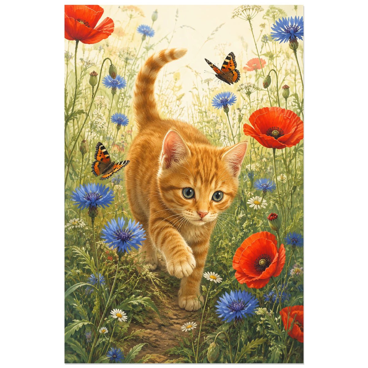 Affiche Chaton roux – Fleurs sauvages, illustration naturaliste / botanique lumineuse verticale, format 30 × 45 cm