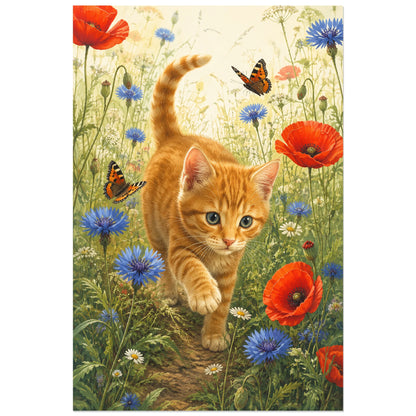 Affiche Chaton roux – Fleurs sauvages, illustration naturaliste / botanique lumineuse verticale, format 60 × 90 cm