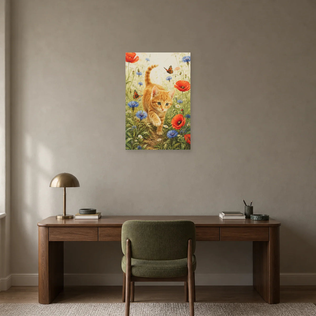 Affiche Chaton roux – Fleurs sauvages dans un bureau - Art Virtuoso
