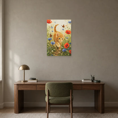 Affiche Chaton roux – Fleurs sauvages dans un bureau - Art Virtuoso