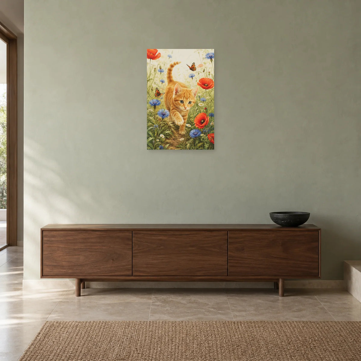 Affiche Chaton roux – Fleurs sauvages dans une entrée ou un couloir - Art Virtuoso