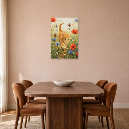 Affiche Chaton roux – Fleurs sauvages dans une salle à manger - Art Virtuoso