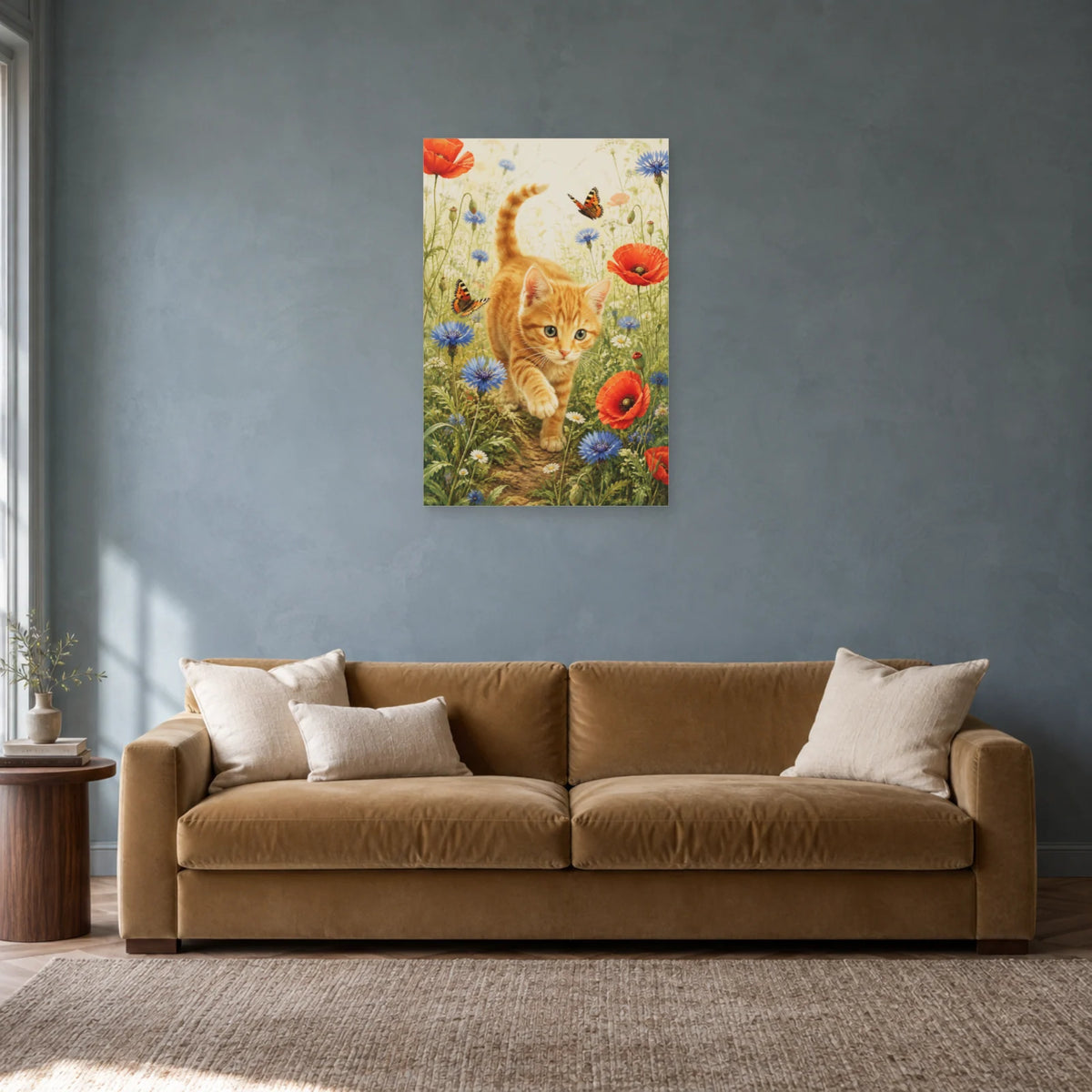 Affiche Chaton roux – Fleurs sauvages dans un salon - Art Virtuoso