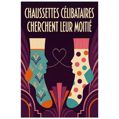 Affiche Chaussettes célibataires – Cherchent leur moitié, affiche art déco ludique à personnages-objets verticale, format 40 × 60 cm