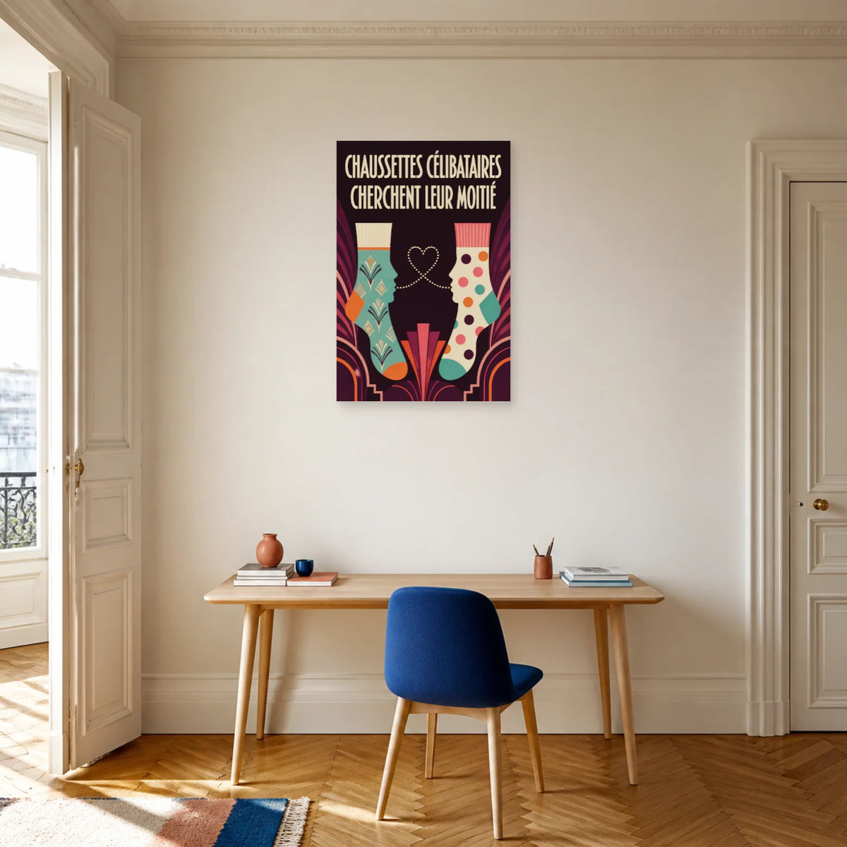 Affiche Chaussettes célibataires – Cherchent leur moitié dans un bureau - Art Virtuoso