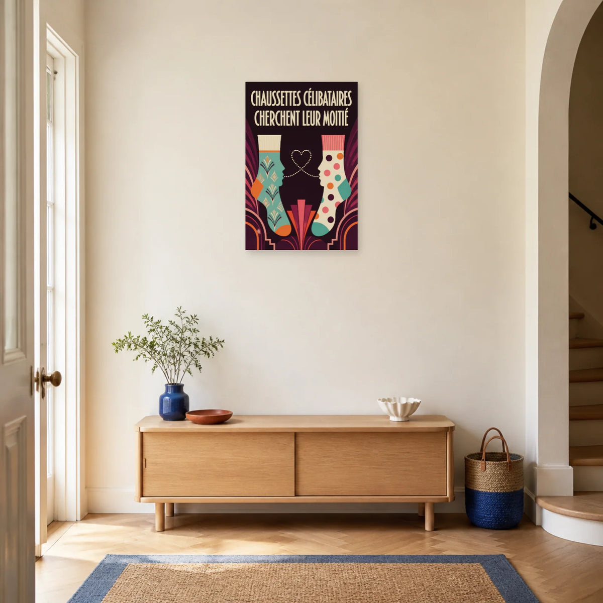 Affiche Chaussettes célibataires – Cherchent leur moitié dans une entrée ou un couloir - Art Virtuoso