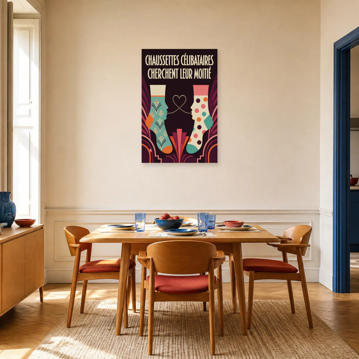 Affiche Chaussettes célibataires – Cherchent leur moitié dans une salle à manger - Art Virtuoso