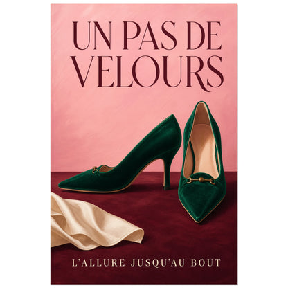 Affiche Chaussures de femme, un pas de velours, nature morte d'accessoires, peinture éditoriale verticale, format 40 × 60 cm