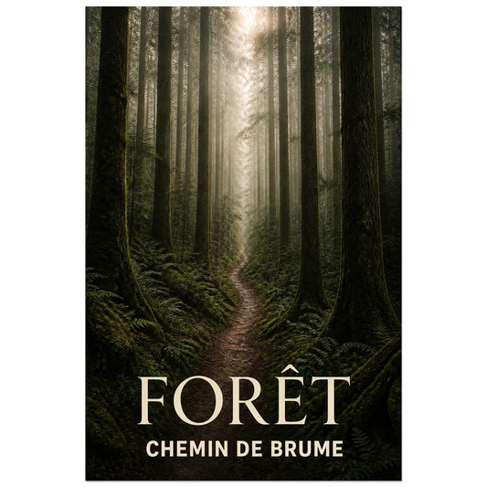 Affiche Forêt – Chemin de Brume, photographie de paysage atmosphérique verticale, format 30 × 45 cm