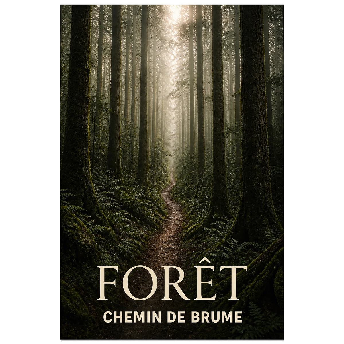 Affiche Forêt – Chemin de Brume, photographie de paysage atmosphérique verticale, format 40 × 60 cm