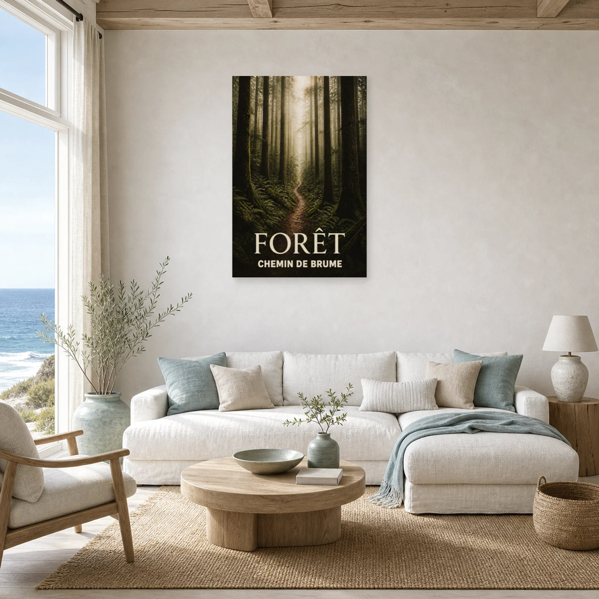 Affiche Forêt – Chemin de Brume dans un salon - Art Virtuoso