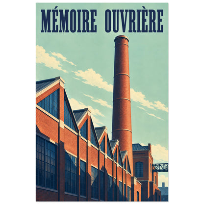 Façades d'usine aux fenêtres bleues et pignons répétés, affiche 40 × 60 cm