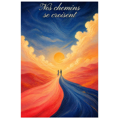 Affiche Nos chemins se croisent - Couple moderne, paysage symbolique aux couleurs peintes et aux formes fluides verticale, format 40 × 60 cm