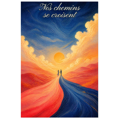 Affiche Nos chemins se croisent - Couple moderne, paysage symbolique aux couleurs peintes et aux formes fluides verticale, format 60 × 90 cm
