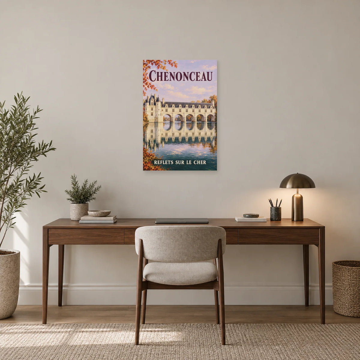 Affiche Chenonceau - Reflets sur le Cher dans un bureau - Art Virtuoso