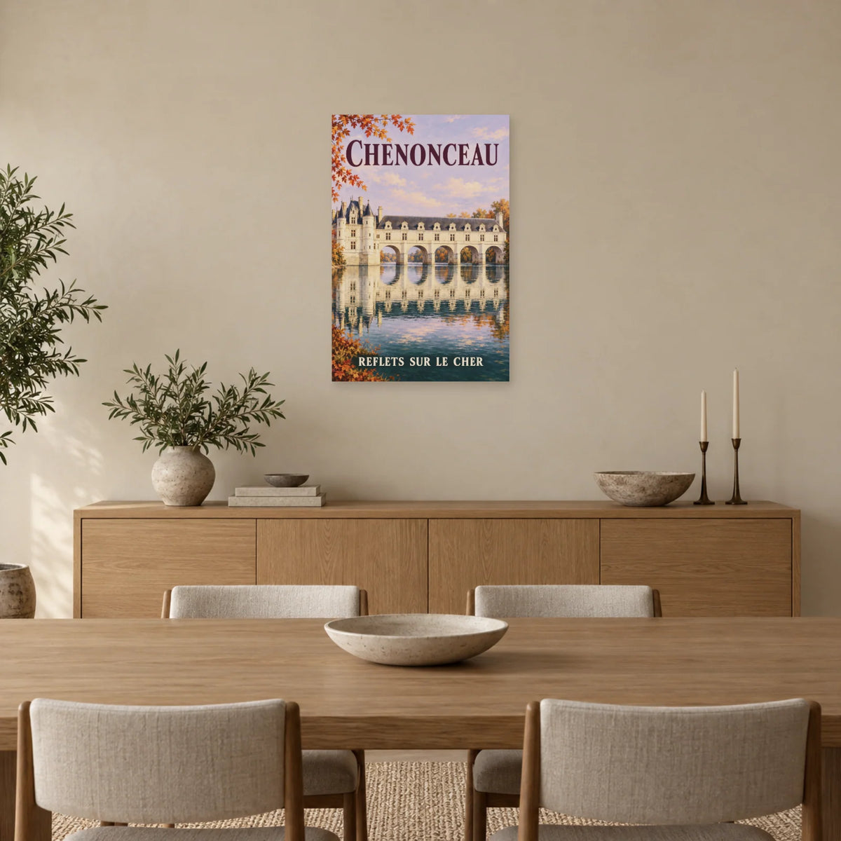 Affiche Chenonceau - Reflets sur le Cher dans une salle à manger - Art Virtuoso