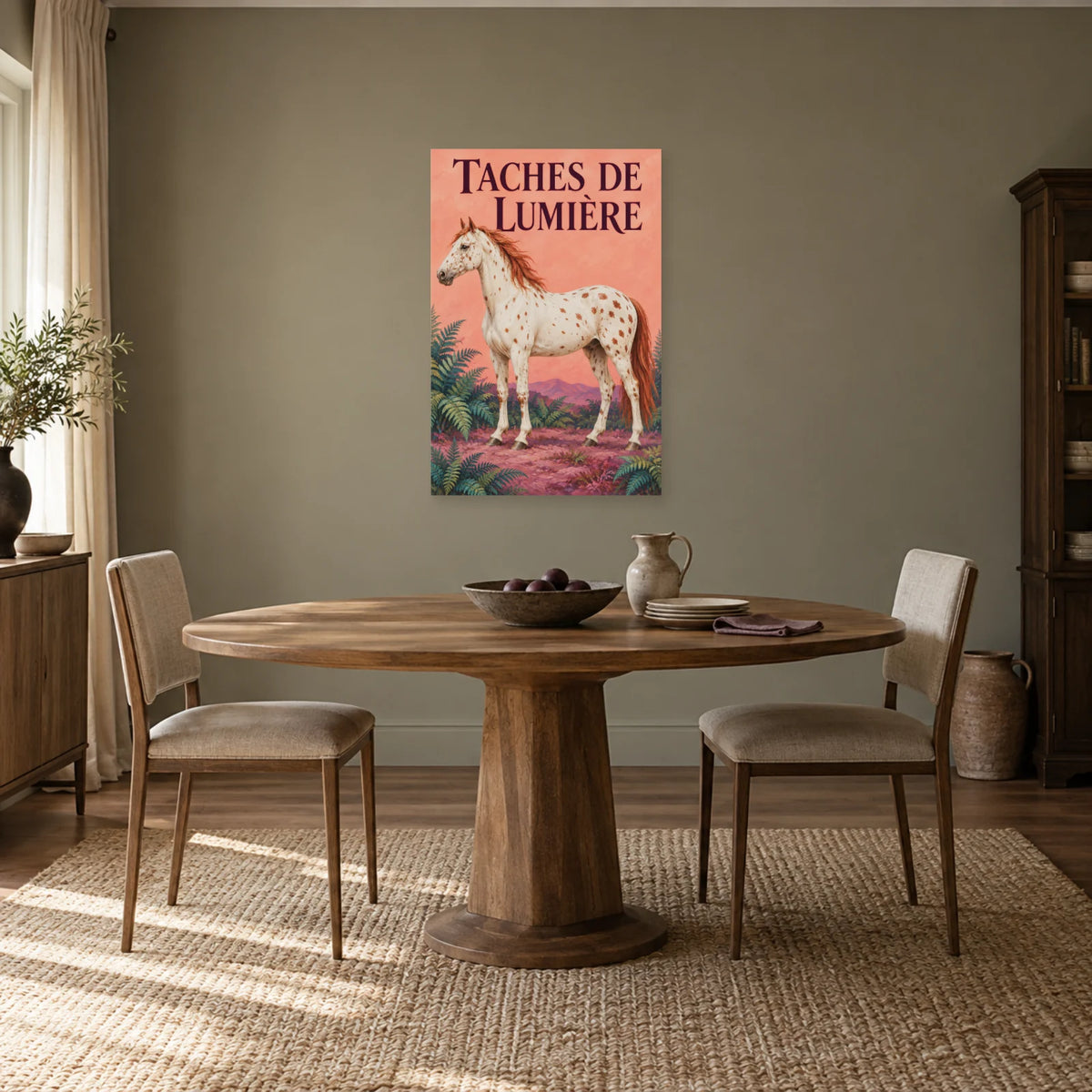 Affiche Cheval appaloosa - Taches de lumière dans une salle à manger - Art Virtuoso