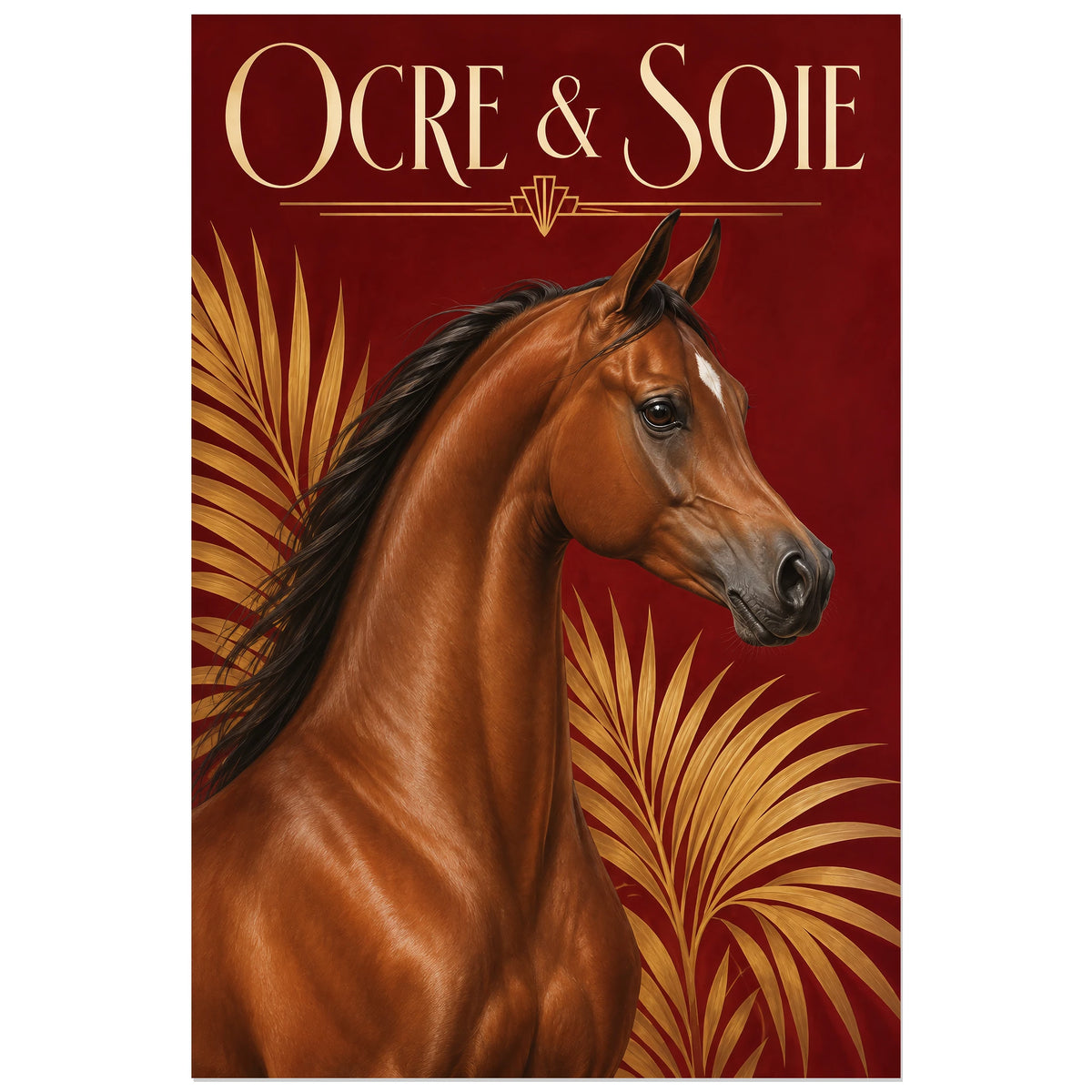 Affiche Cheval arabe – Ocre et soie, art déco / peinture réaliste verticale, format 30 × 45 cm
