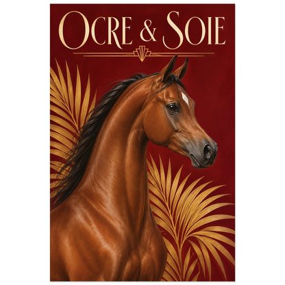 Affiche Cheval arabe – Ocre et soie, art déco / peinture réaliste verticale, format 30 × 45 cm
