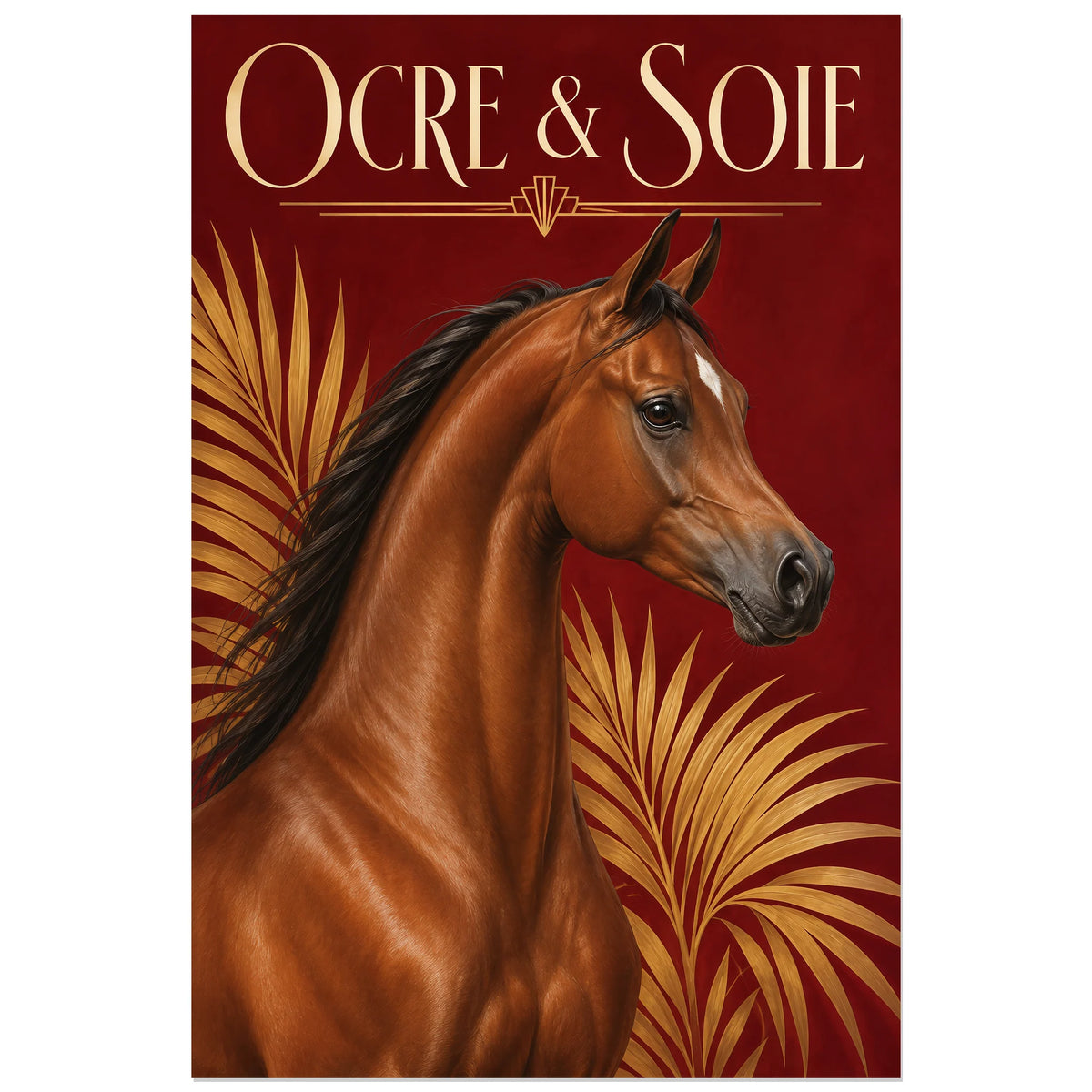 Affiche Cheval arabe – Ocre et soie, art déco / peinture réaliste verticale, format 60 × 90 cm