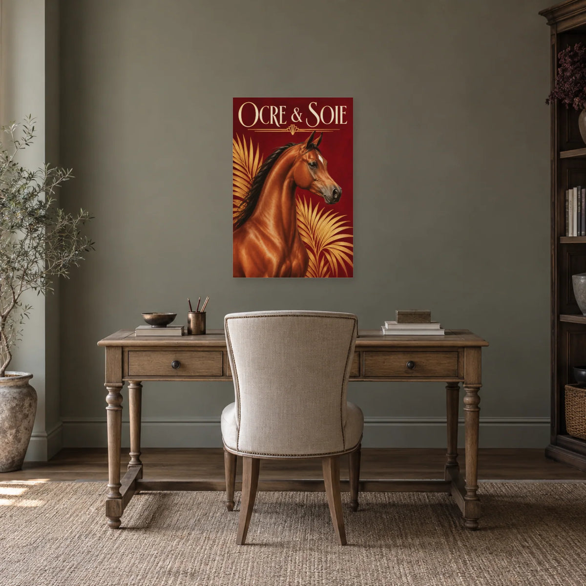 Affiche Cheval arabe - Ocre et soie dans un bureau - Art Virtuoso