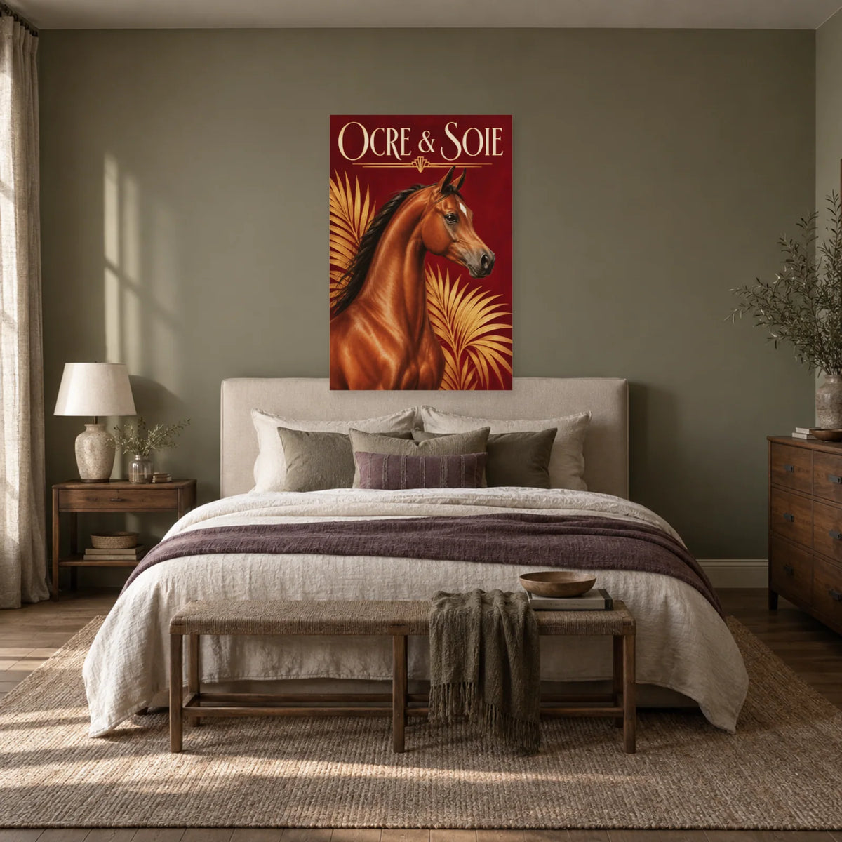 Affiche Cheval arabe - Ocre et soie dans une chambre - Art Virtuoso
