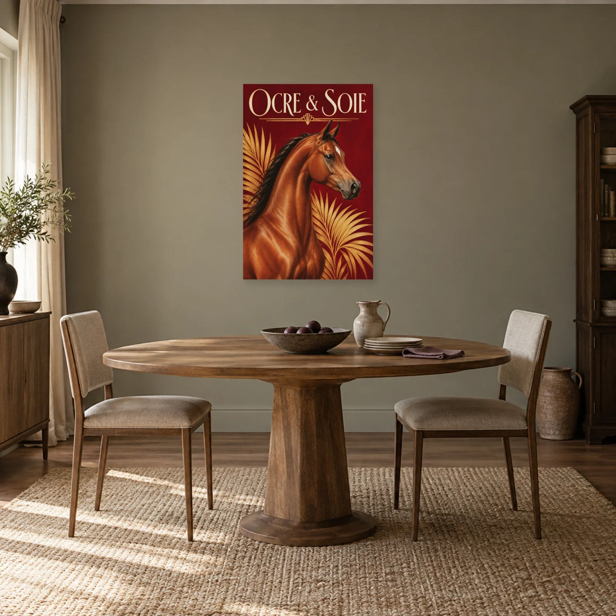 Affiche Cheval arabe - Ocre et soie dans une salle à manger - Art Virtuoso