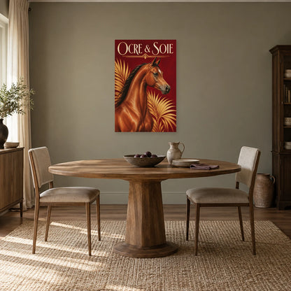 Affiche Cheval arabe - Ocre et soie dans une salle à manger - Art Virtuoso