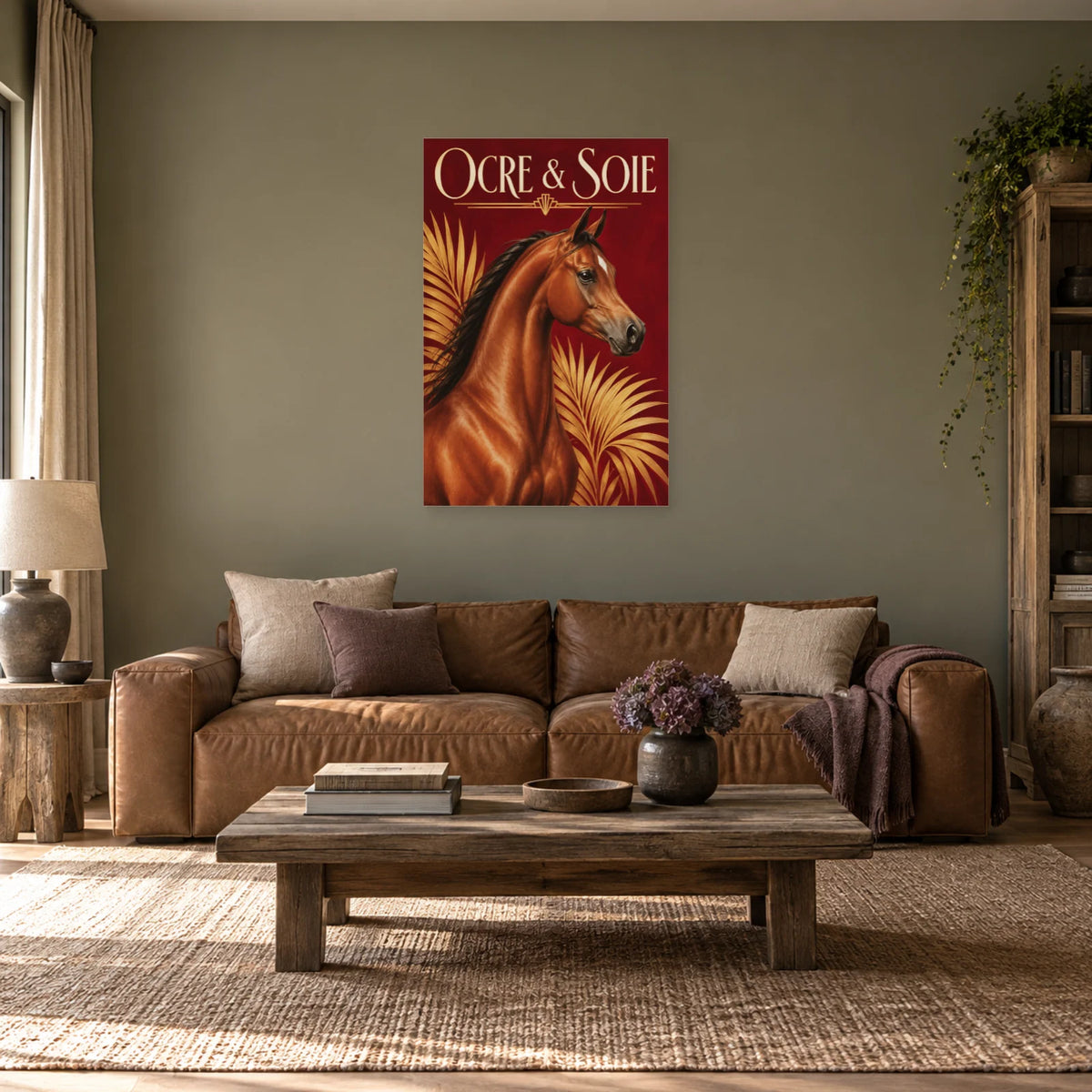 Affiche Cheval arabe - Ocre et soie dans un salon - Art Virtuoso