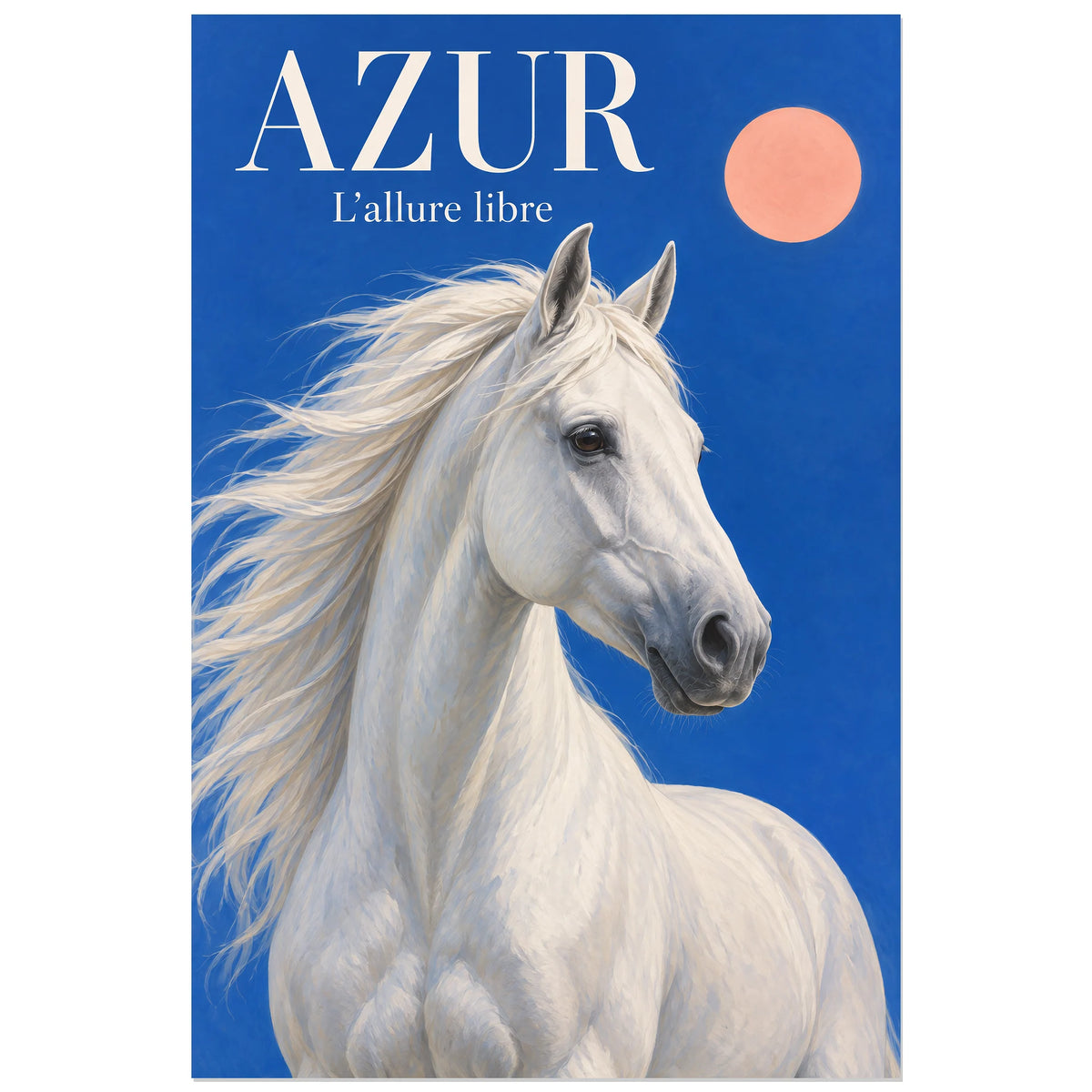 Affiche Cheval blanc – Azur, peinture réaliste / affiche illustrée verticale, format 60 × 90 cm