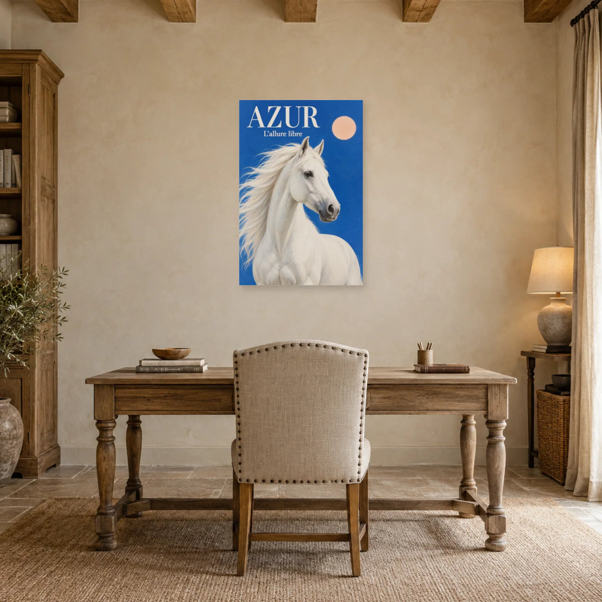 Affiche Cheval blanc - Azur dans un bureau - Art Virtuoso